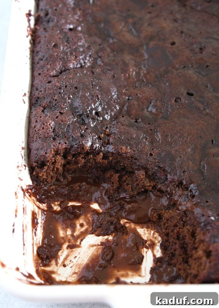 Top-down view of a freshly baked hot fudge pudding cake in a white 9x13-inch dish with a portion removed, revealing the thick, dark fudge layer beneath the cake.