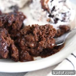 Spoonful of decadent hot fudge pudding cake on white plate.