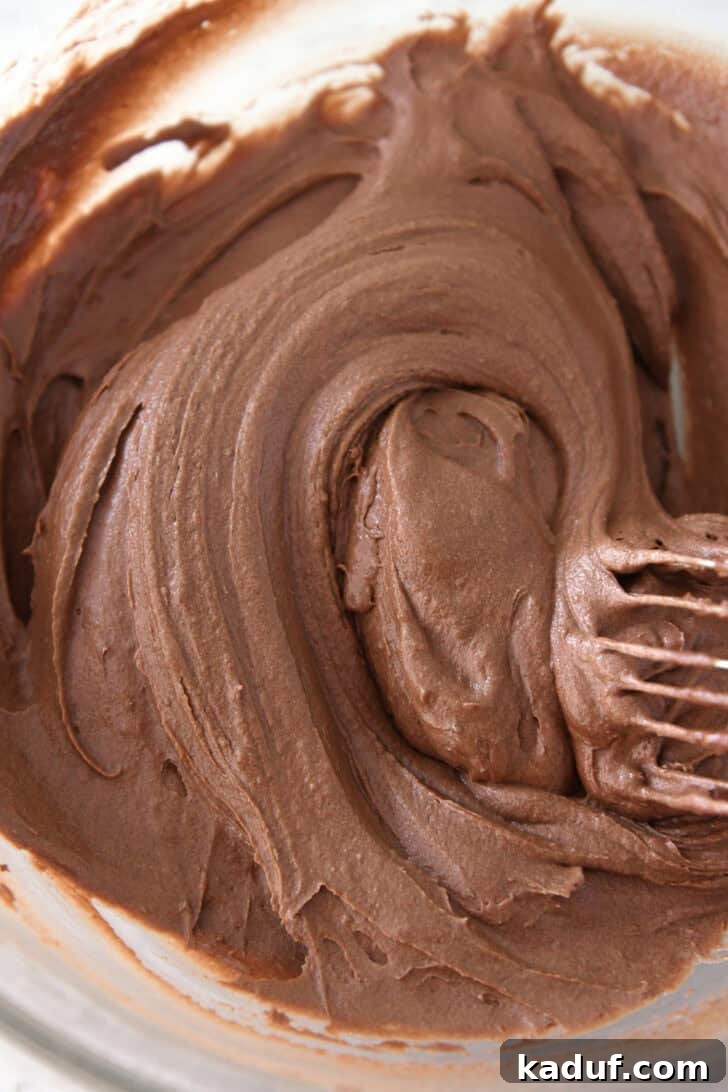 Chocolate cake batter being whisked smoothly in a glass bowl, illustrating the texture before adding chocolate chips.