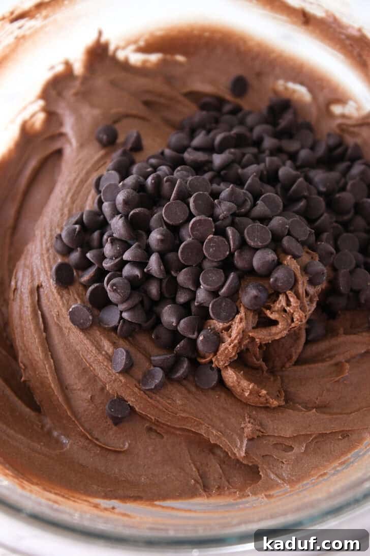 Generous chocolate chips sprinkled on top of thick chocolate cake batter in a glass bowl, ready to be folded in.