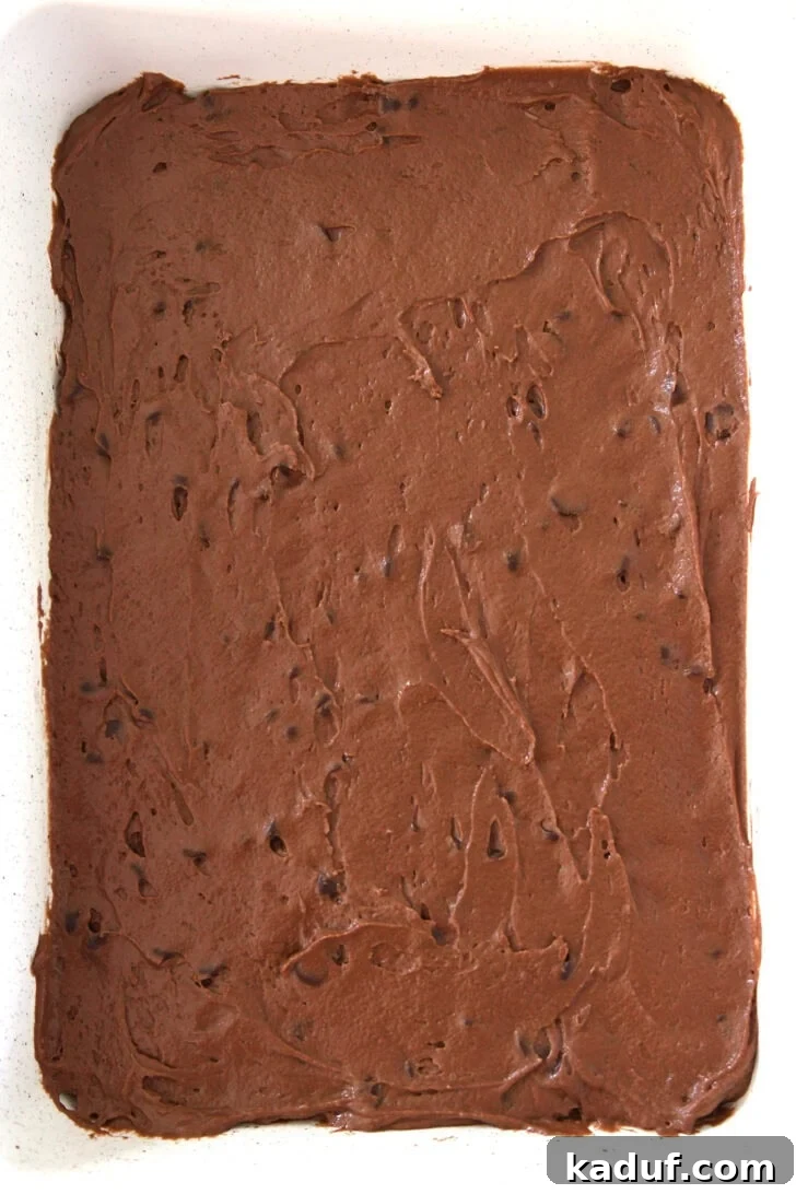 Smooth chocolate cake batter spread evenly in a white 9x13-inch baking pan, ready for the next step.