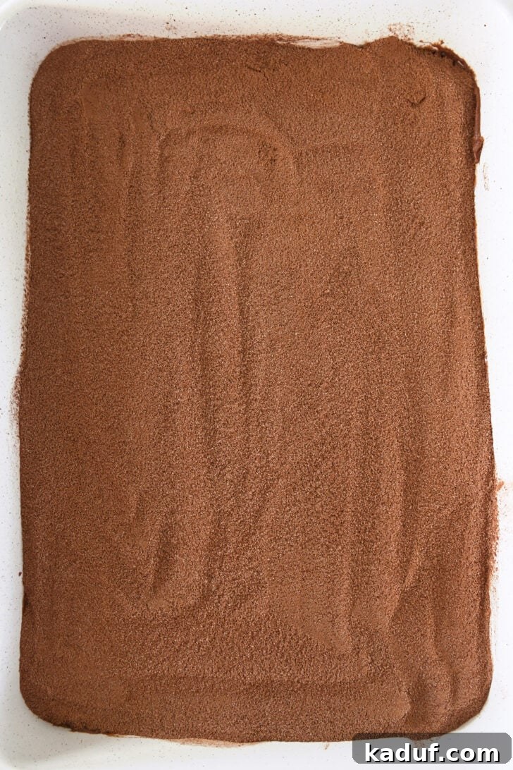 A dry mixture of sugar and cocoa powder generously spread over the chocolate cake batter in a white 9x13-inch pan.