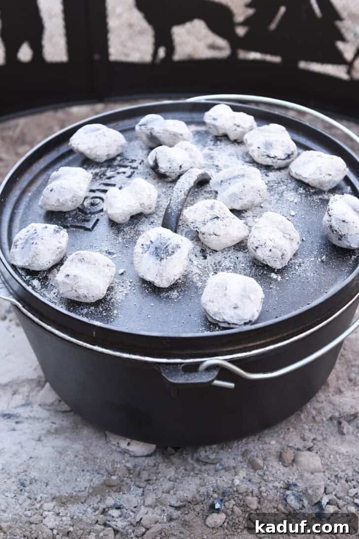 Hearty Dutch Oven Lasagna 14 Hot briquettes placed evenly on top of Dutch oven lid for top heat.