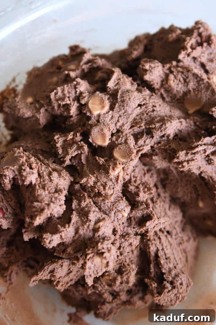 Decadent Chocolate Peanut Butter Chip Cookies 6 Close-up of rich chocolate cookie dough perfectly mixed with delectable peanut butter chips in a transparent glass bowl, ready to be scooped.