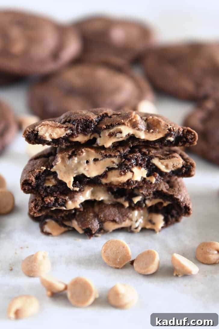Decadent Chocolate Peanut Butter Chip Cookies 9 A stack of four perfectly baked chocolate cookies, each broken in half, revealing warm, intensely melted peanut butter chips inside.