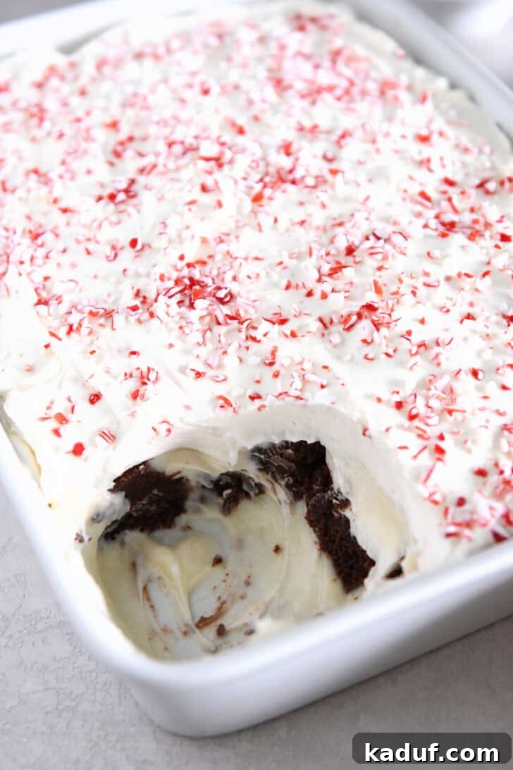 Mint Chocolate Brownie Trifle 13 Scoop taken out of a white dish filled with brownie peppermint bark pudding trifle, showing the rich layers.