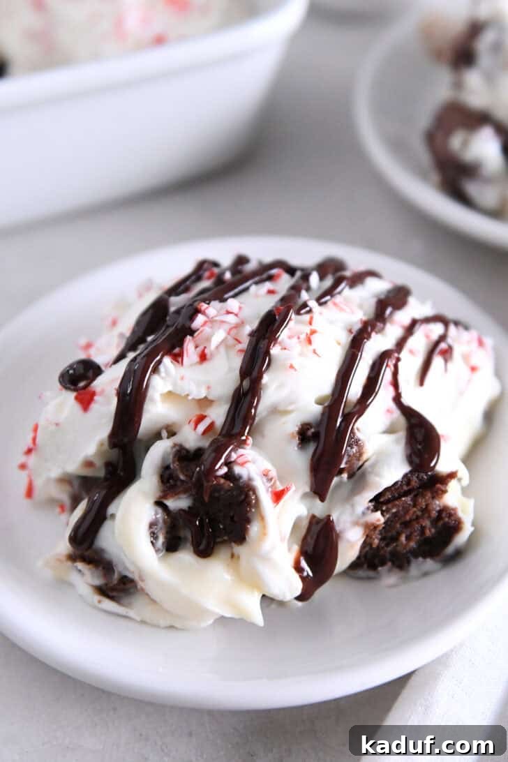 Mint Chocolate Brownie Trifle 14 Serving of brownie peppermint bark pudding trifle on a white plate, elegantly drizzled with hot fudge sauce.