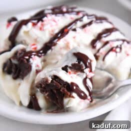 Spoon scooping bite of brownie pudding trifle on white plate, showcasing the distinct layers.