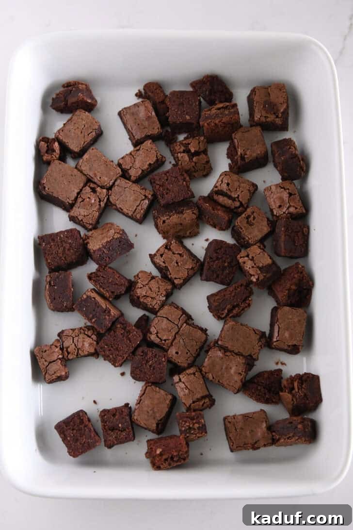Mint Chocolate Brownie Trifle 7 First layer of brownie cubes scattered in bottom of a white 9X13-inch dish.