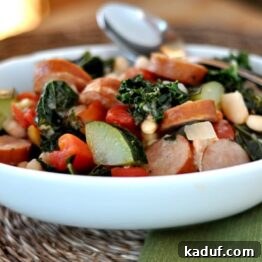 White Bean and Sausage Ragout with Tomatoes, Kale and Zucchini