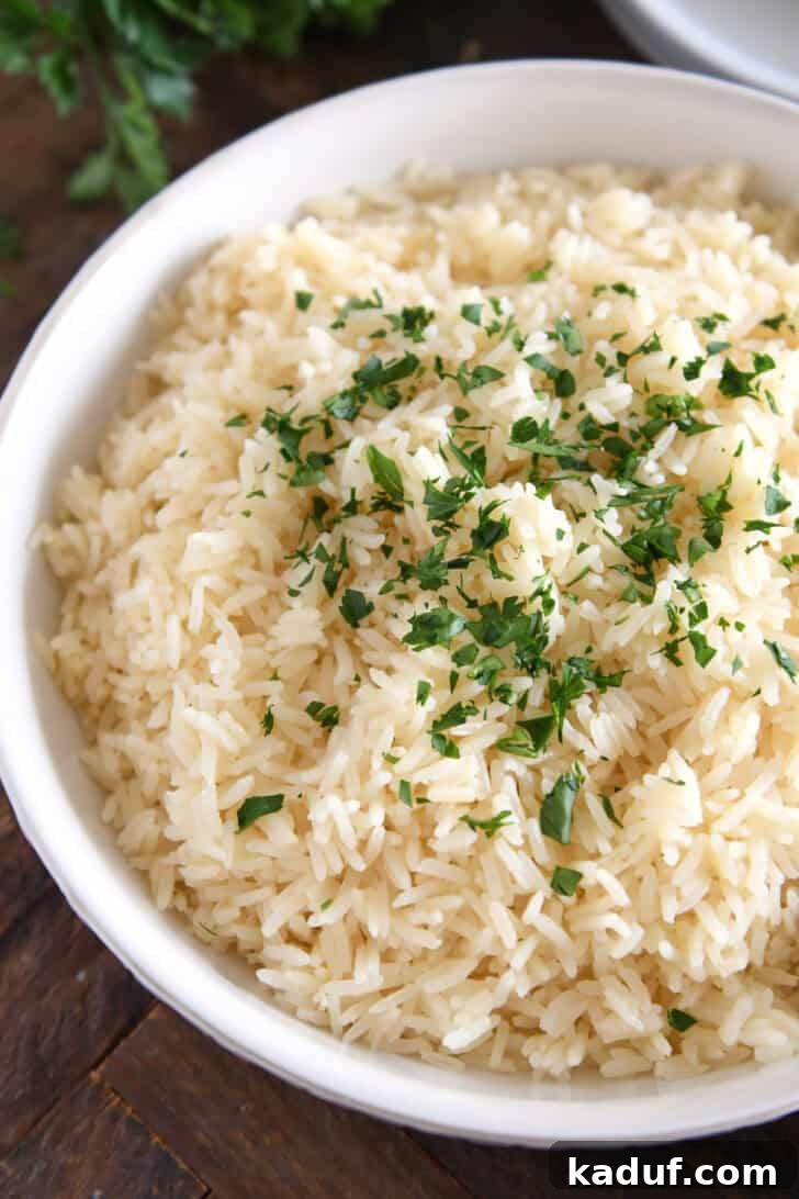 Fragrant Garlic Butter Rice 2 White bowl with fluffy garlic butter rice and fresh parsley garnish.