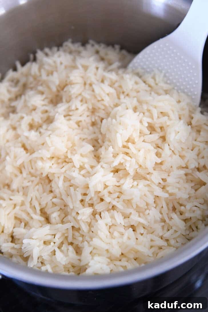 Fragrant Garlic Butter Rice 7 Fluffy cooked rice in a stainless steel pot with a white serving spoon, ready to be dished out.
