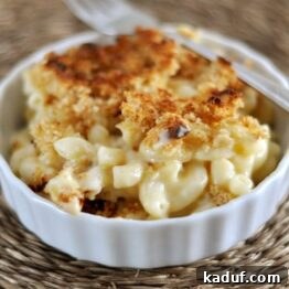 Timeless Mac and Cheese Delight 3 A white ramekin brimming with golden-brown panko-topped macaroni and cheese, ready to be enjoyed.