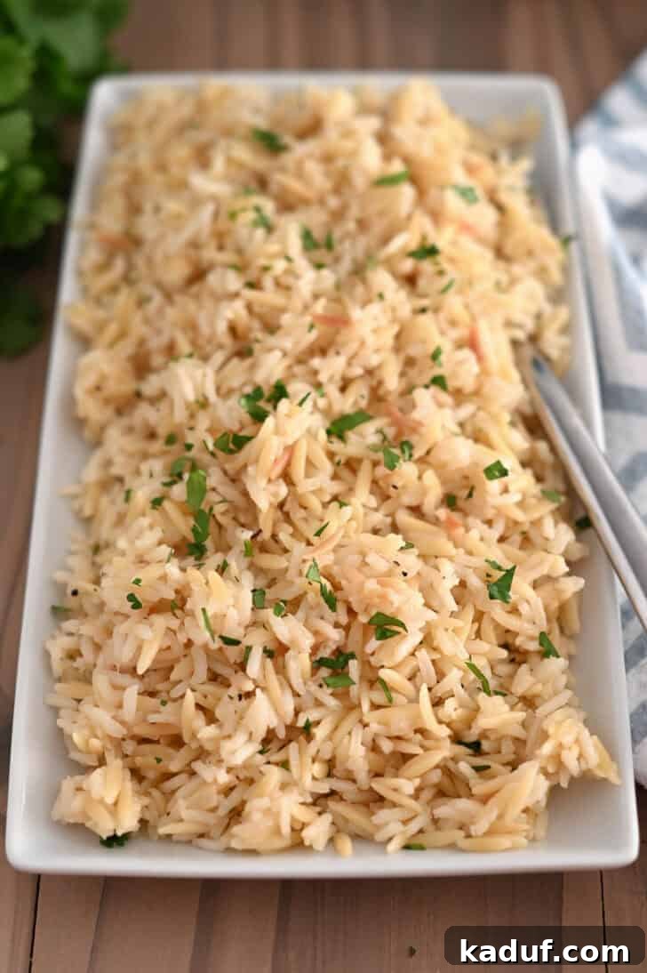 Ultimate Rice Pilaf 8 Top-down view of perfectly cooked rice pilaf garnished with fresh parsley, served on a white tray.