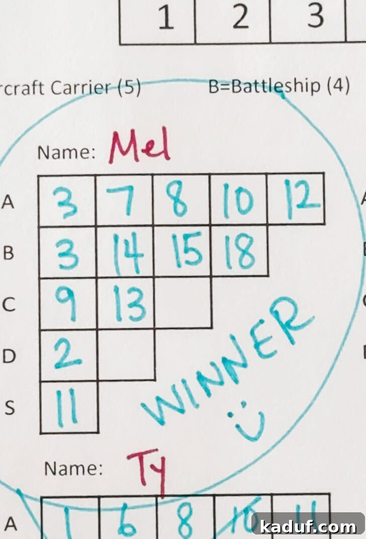 Pencil & Paper Armada 5 Paper battleship game with winner.