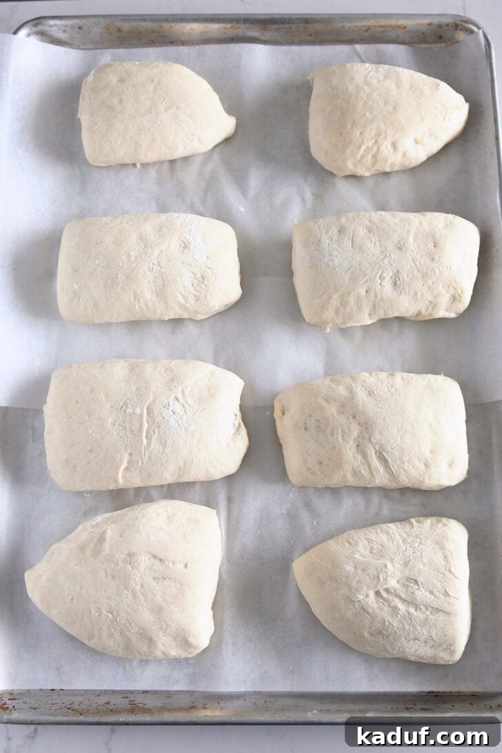 Fresh Ciabatta Rolls Made Today 11 Eight ciabatta rolls rising on sheet pan.