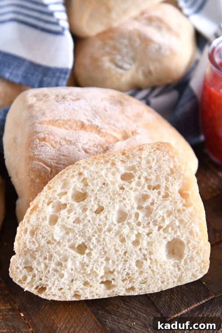 Fresh Ciabatta Rolls Made Today 13 Cut side of half ciabatta roll with fluffy crumb and airy holes.