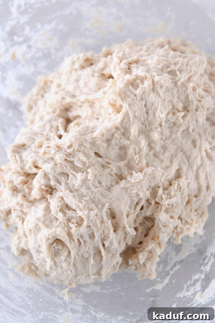 Fresh Ciabatta Rolls Made Today 6 Glass bowl with shaggy-looking ciabatta roll dough.