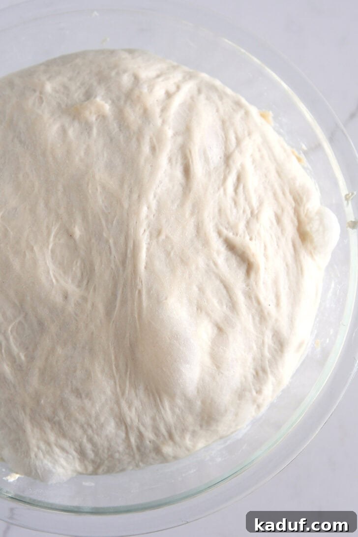 Fresh Ciabatta Rolls Made Today 9 Ciabatta dough rising in glass bowl.