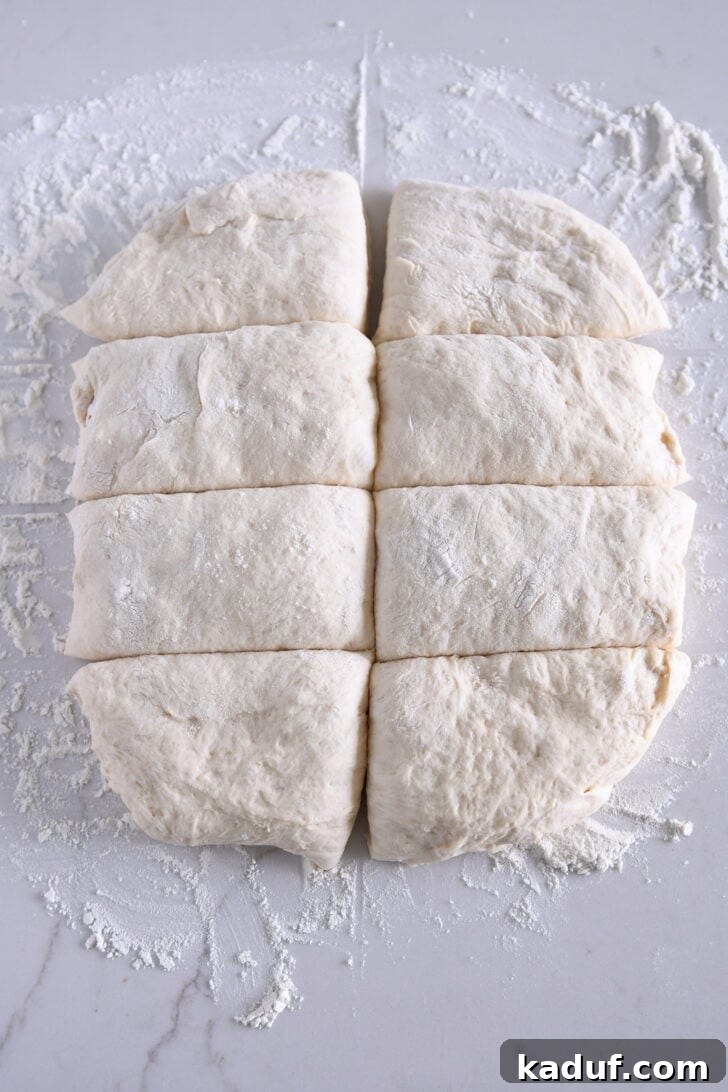 Fresh Ciabatta Rolls Made Today 10 Soft ciabatta dough cut into eight pieces.