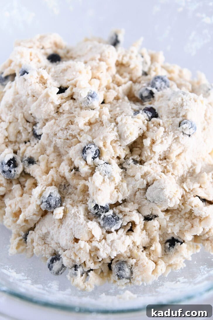 Irresistible Lemon Blueberry Scones 6 Crumbly, rustic scone dough with intact blueberries in a glass bowl, just coming together.