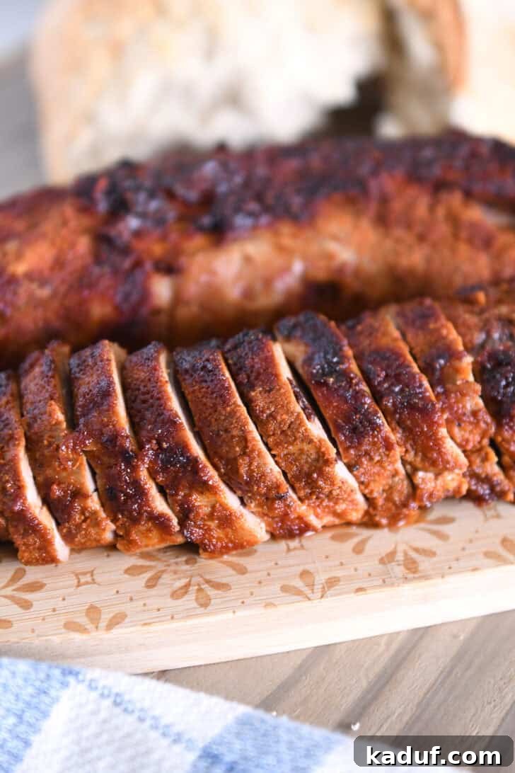 Quick and Tender Air Fryer Pork Tenderloin 2 Slices of incredibly juicy air fryer pork tenderloin on a rustic wood cutting board, garnished with fresh herbs.