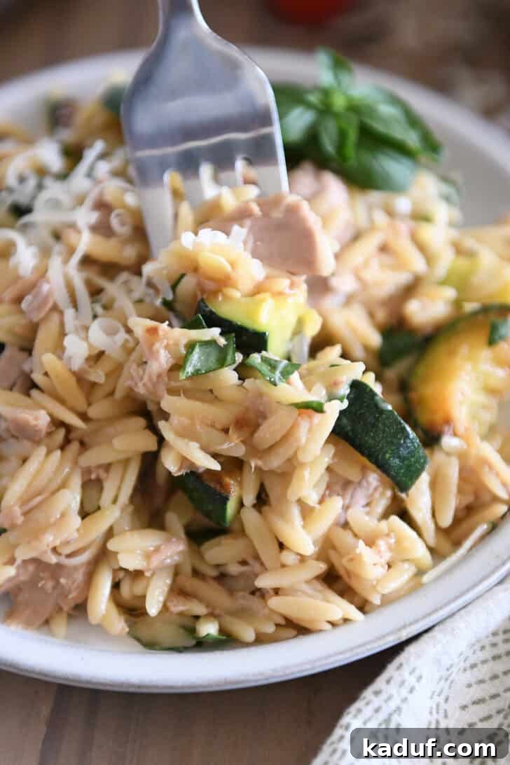 Effortless Tuna Zucchini Orzo Skillet 8 A close-up of a gray plate holding a generous serving of orzo with tuna, zucchini, and Parmesan, garnished with fresh basil, as a fork scoops up a delicious bite.