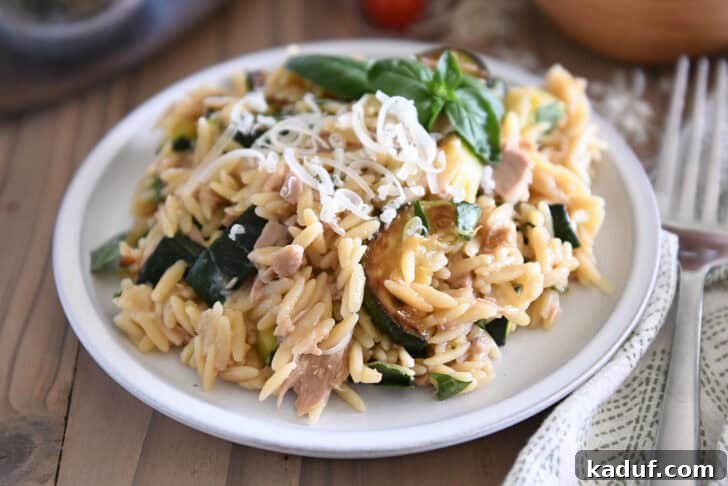 Effortless Tuna Zucchini Orzo Skillet 9 A gray plate displays a beautifully plated serving of orzo with tuna, zucchini, and Parmesan, artfully garnished with fresh basil.