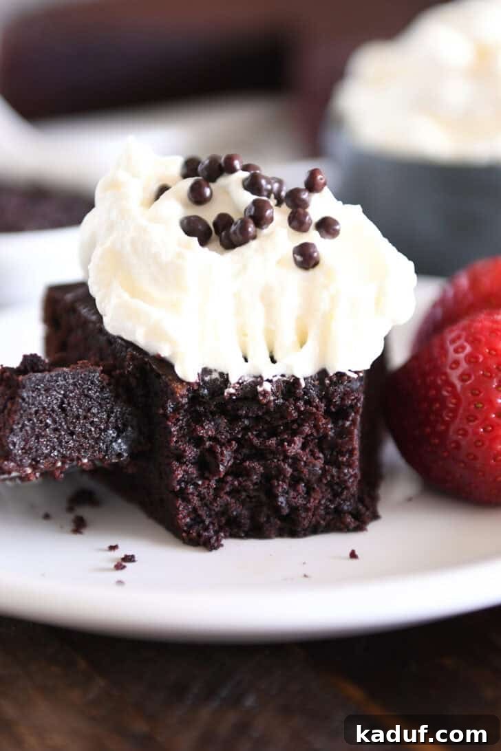 Velvety Chocolate Olive Oil Cake 2 Piece of chocolate olive oil cake topped with whipped cream and crispy chocolate pearls with bite of cake on fork on white plate.