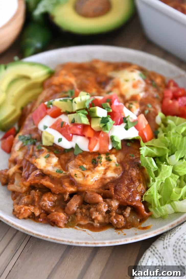 Savory Ground Beef Enchiladas 2 Top down view of two enchiladas on gray plate topped with red enchilada sauce, cheese, cilantro, sour cream, tomatoes, and avocados.