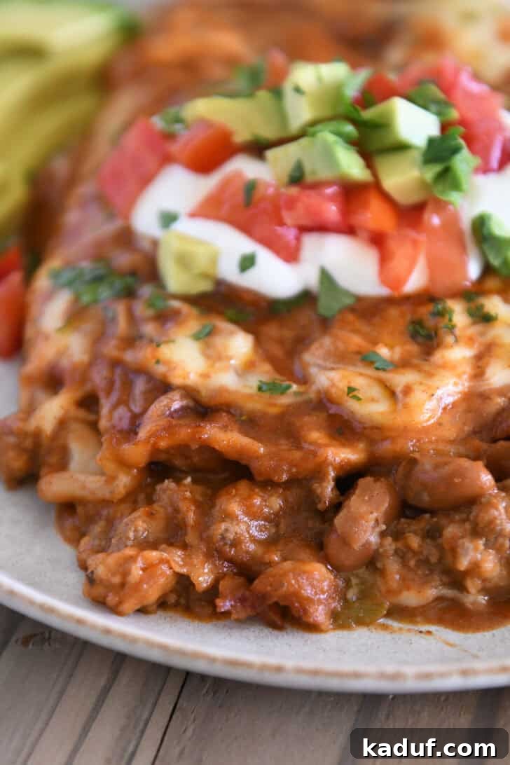 Savory Ground Beef Enchiladas 13 Close up view of a red sauce ground beef enchilada on gray plate; the filling is ground beef and pinto beans.