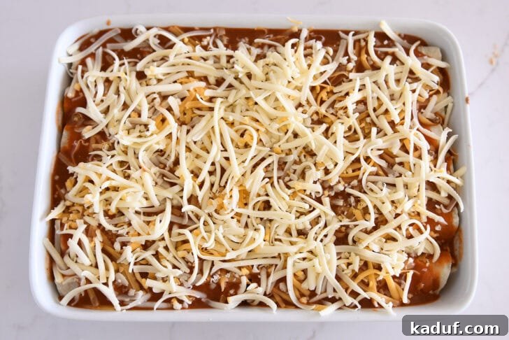Savory Ground Beef Enchiladas 10 Top down view of white 9X13-inch pan filled with ground beef enchiladas and topped with enchilada sauce and shredded cheese.