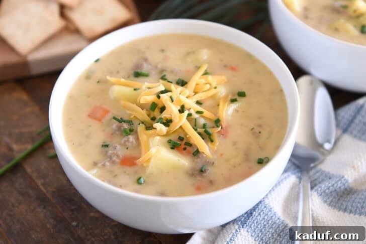 Lighter Cheeseburger Soup 6 A pristine white bowl presents a generous serving of creamy, cheesy soup, showcasing tender cooked potatoes, vibrant carrots, and savory ground beef, all crowned with a sprinkling of shredded cheddar cheese and fresh chopped chives.