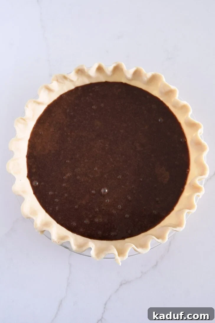 Velvet Chocolate Dream Pie 5 A pristine, unbaked pie shell nestled in a 9-inch pie plate, filled to the brim with the smooth, dark chocolate custard mixture, ready for baking.
