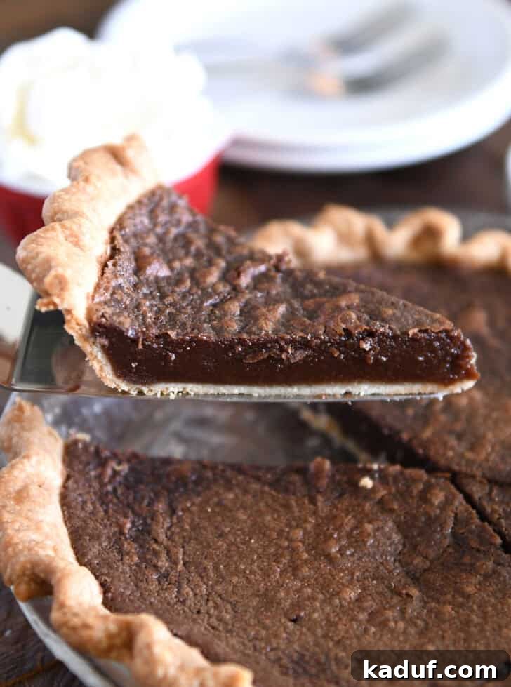 Velvet Chocolate Dream Pie 7 A pristine slice of chocolate chess pie carefully balanced on a pie server, showcasing its perfect form and readiness to be served.