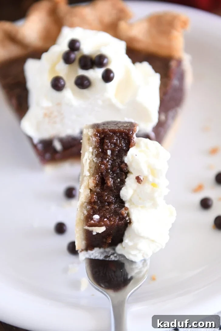 Velvet Chocolate Dream Pie 8 A close-up shot of a fork holding a perfect bite of fudgy chocolate pie, topped with a swirl of whipped cream, resting delicately on a white plate.