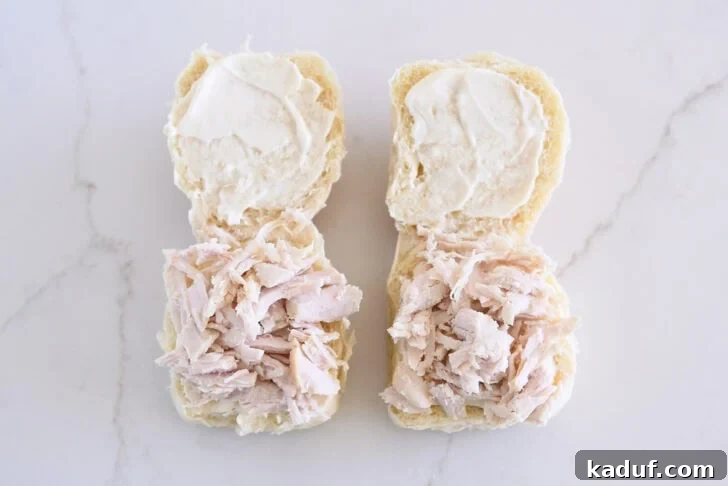 The Ultimate Turkey Leftover Sandwich Experience 5 Rolls Spread with Mayonnaise and Shredded Turkey