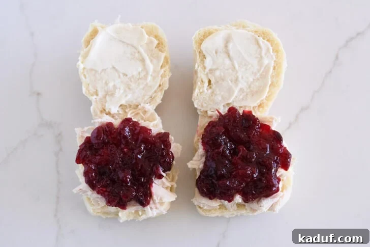 The Ultimate Turkey Leftover Sandwich Experience 6 Rolls Spread with Mayonnaise, Shredded Turkey, and Cranberry Sauce