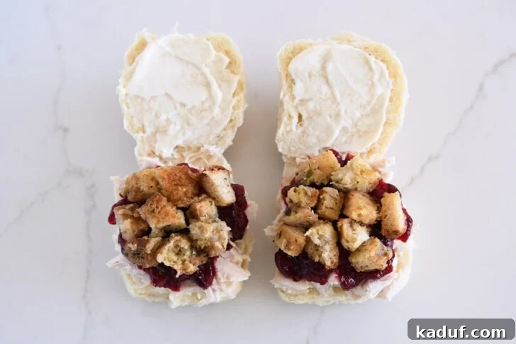 The Ultimate Turkey Leftover Sandwich Experience 7 Rolls Spread with Mayonnaise and Layered with Shredded Turkey, Cranberry Sauce, and Stuffing