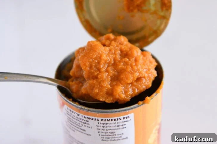 Clever Ways to Utilize Leftover Canned Pumpkin 2 An opened can of pumpkin puree with a spoon scooping out the last bit, preventing food waste.
