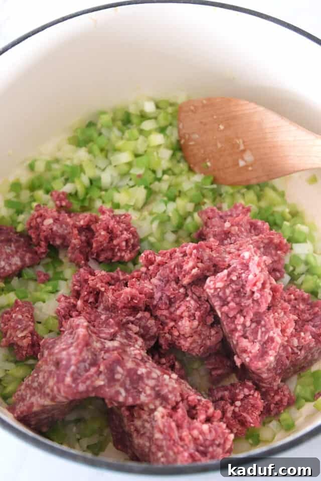 Sugarcane Spice Chili 3 Cast iron pot with ground beef, celery and onions.