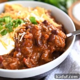 Sugarcane Spice Chili 9 Red chili with spoonful in gray bowl with sour cream, green onions, and crushed corn chips.