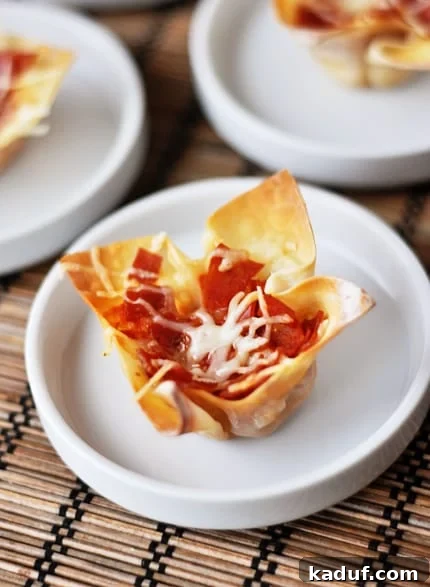Ultimate Pizza Skillet Dip 2 Small white plates with a small pizza appetizer cooked in a wonton wrap on each plate.