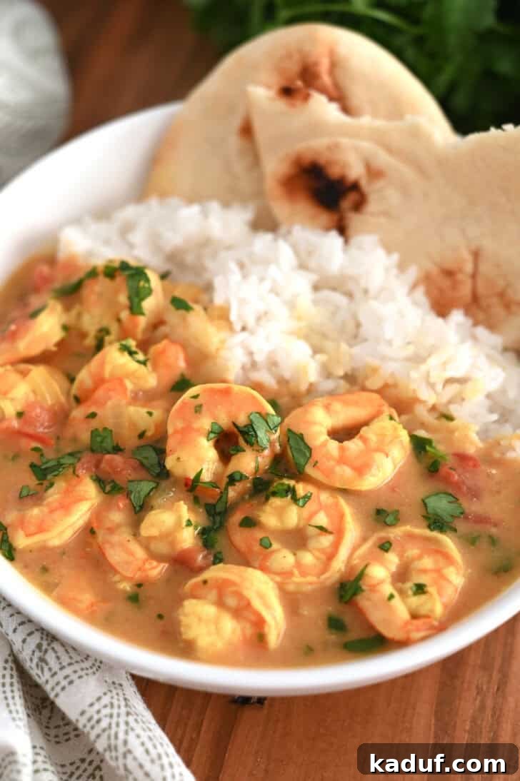 Creamy Coconut Shrimp Curry 10 A white bowl showcasing a generous serving of flatbread, white rice, and perfectly cooked shrimp in a creamy curry sauce.