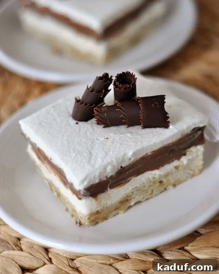 My Signature Robert Redford Dessert 3 Close-up of a Robert Redford Dessert slice, highlighting the various textures and layers. The delicate chocolate curls add a touch of sophistication to the homemade whipped cream topping.