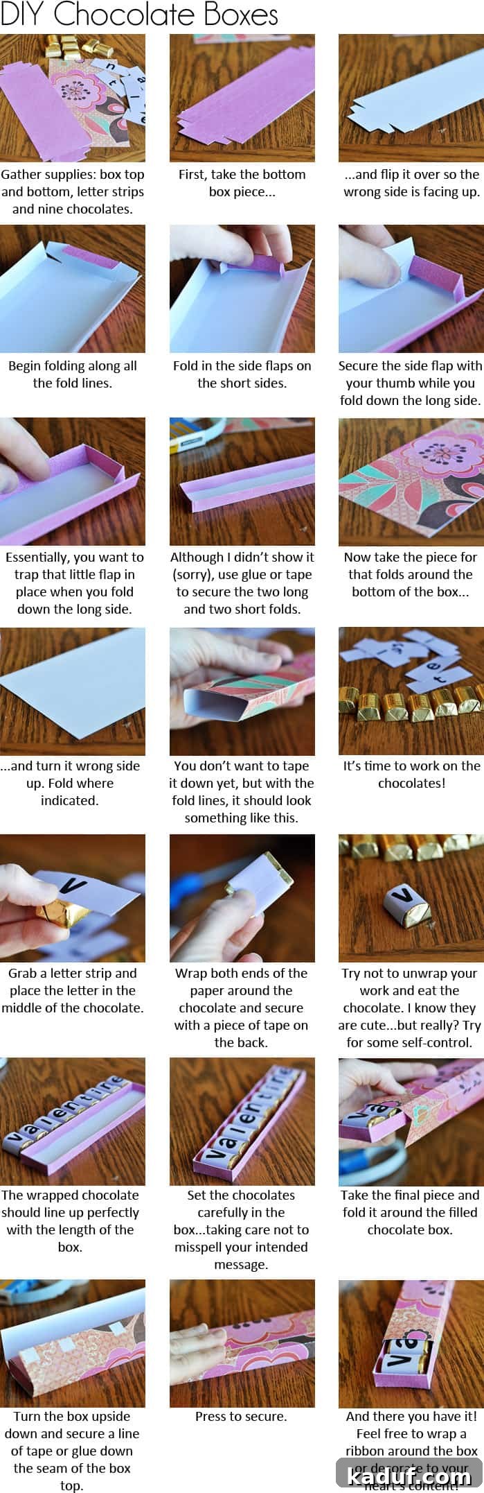 Choc Boxes DIY picture collage with step-by-step instructions on how to make a homemade Valentine's Day chocolate box, showing cutting, folding, gluing, and arranging chocolates