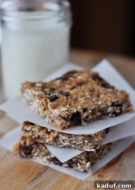 Wholesome Banana Oat Bars 2 Stacked squares of healthy banana oat snack bars with chocolate chips, separated by parchment paper.