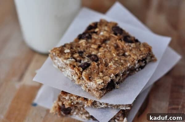 Wholesome Banana Oat Bars 3 Top view of a single banana oat chocolate chip bar on parchment paper, with more bars stacked below.