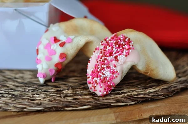 Baking Your Own Fortunes 3 Two homemade fortune cookies, half-dipped in Valentine's sprinkles, arranged in front of a white paper container.
