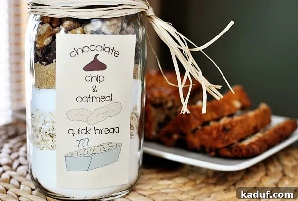 Jar Baked Oatmeal Chocolate Chip Bread 3 Layered dried ingredients in a mason jar for oatmeal chocolate chip quick bread, with the cooked bread sliced and laying on a platter in the background.